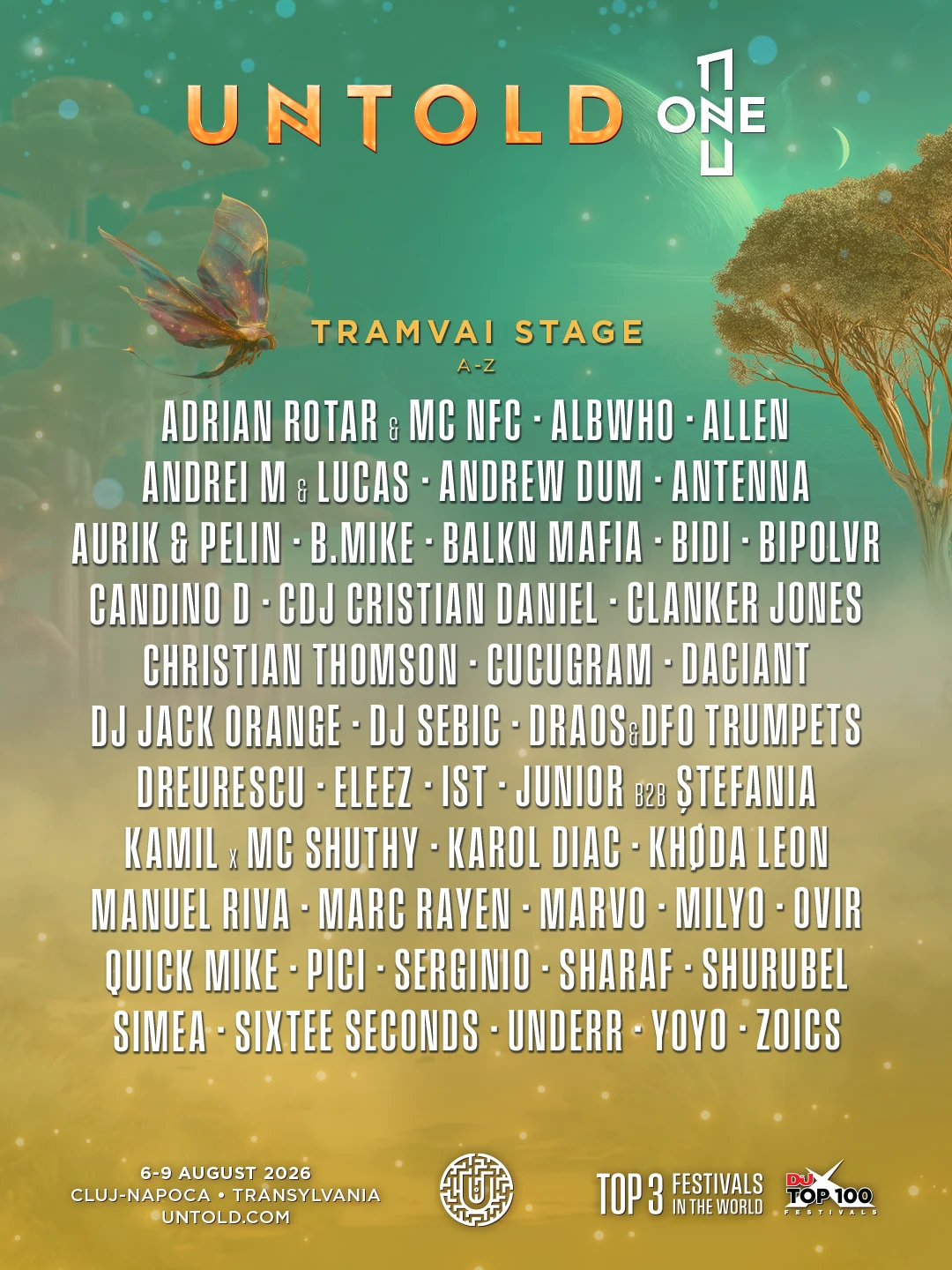 Tramvai Stage line-up UNTOLD 2026, alfabetisch - met DJ Jack Orange